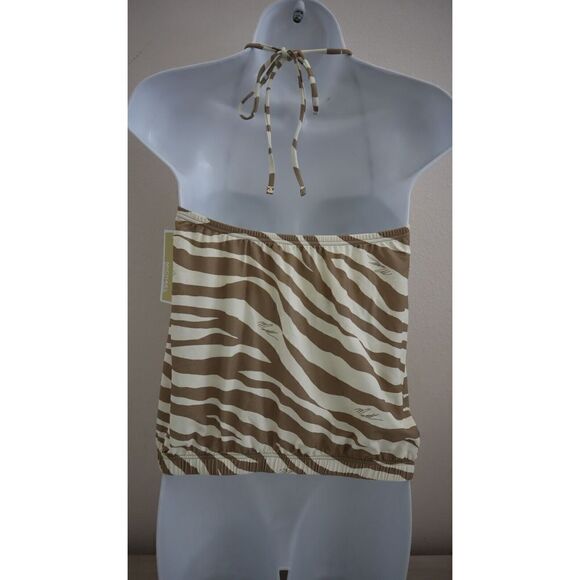Michael Kors Women's Sz S Khaki Zebra Print Tie Front Tankini Swimsuit Top $102+ - Picture 2 of 16